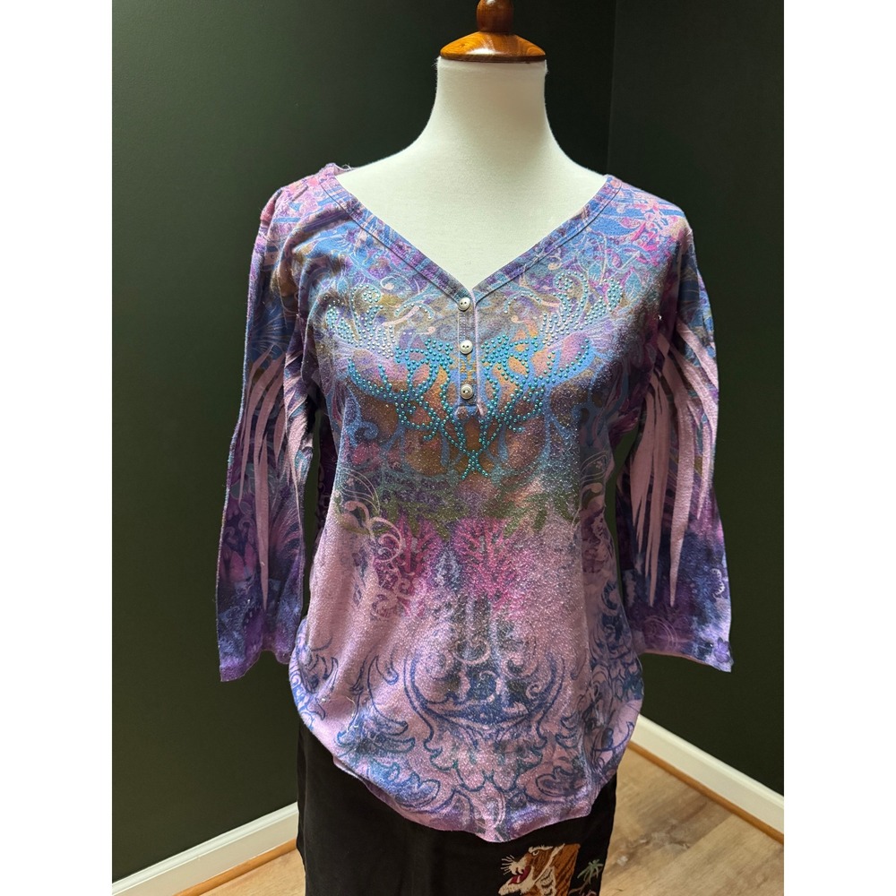 One World Embellished Top 3/4 Sleeve V-Neck Rhinestone Print Purple Size S